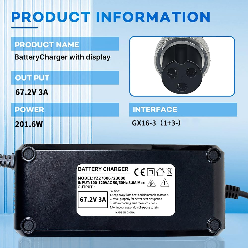 67,2 V 3 A Lithium-Akkuladegerät für 60 V 16S Lithium-Ionen-Akkus – GX16-3-Anschluss (12 mm)